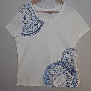 Chico's Cream Blue Cotton Knit Passport Stamp Malta Beach Tee Shirt Sz 2 (12/14)